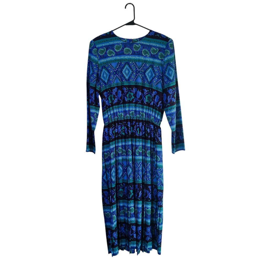 Vintage 80s Blue Eclectic Bohemian Floral Pleated Long Sleeve Midi Dress 14 Tall